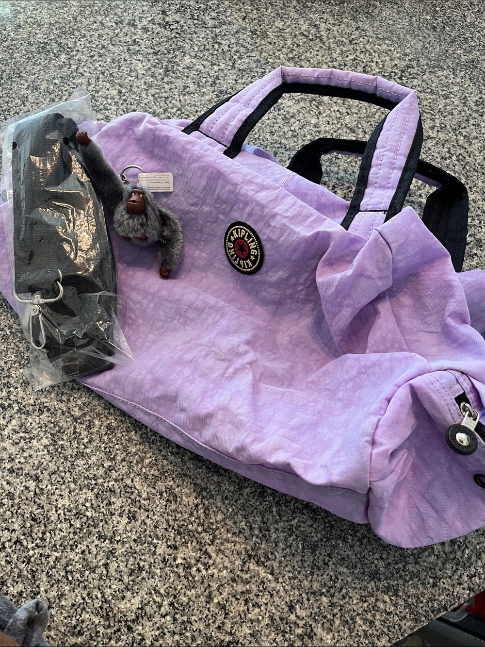Kipling Lavender Nylon Tote with Monkey Charm and Black Trim